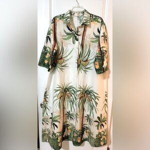 April Vintage Tropical Print Green and White Dress Sz L/XL